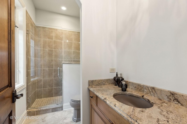 full bath with vanity, toilet, recessed lighting, tile patterned floors, and a shower stall