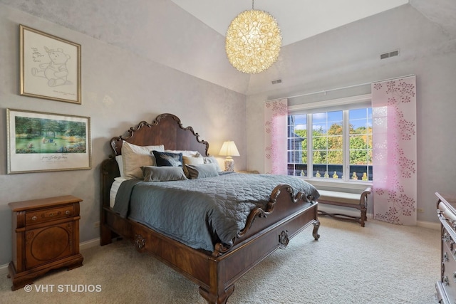 carpeted bedroom with a notable chandelier, visible vents, and vaulted ceiling