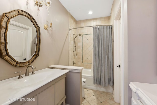 full bathroom with toilet, shower / bath combination with curtain, tile patterned flooring, and vanity