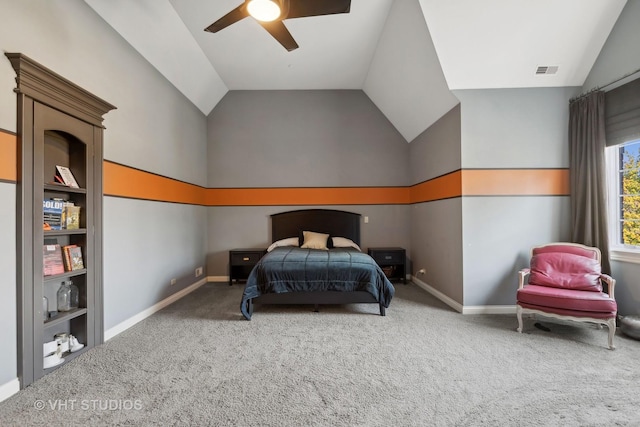 carpeted bedroom featuring baseboards, a ceiling fan, vaulted ceiling, and visible vents