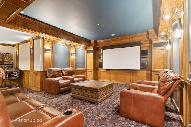 carpeted cinema room featuring recessed lighting, ornamental molding, a wainscoted wall, and a decorative wall