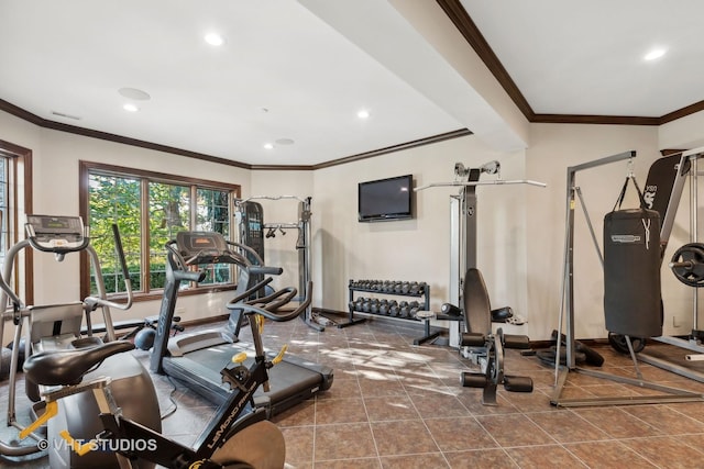 exercise room with crown molding, tile patterned flooring, recessed lighting, baseboards, and visible vents