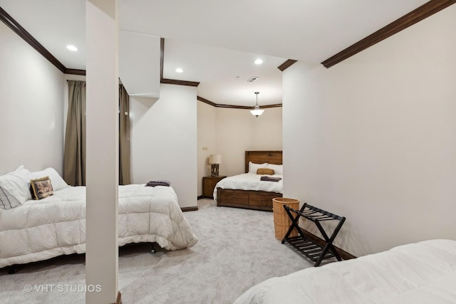 bedroom featuring crown molding, recessed lighting, visible vents, and carpet floors