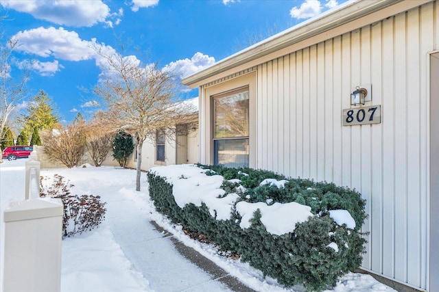 view of snow covered exterior