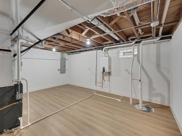 basement with wood-type flooring, electric panel, and water heater