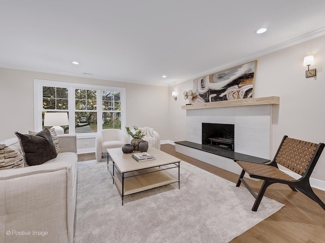 living room featuring a fireplace, ornamental molding, and light hardwood / wood-style floors