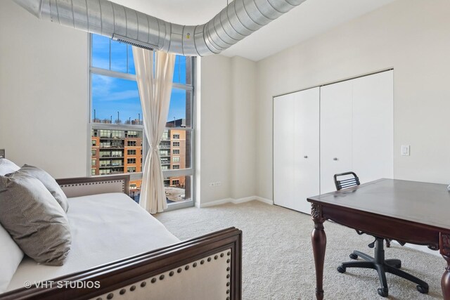 bedroom with a closet and light carpet