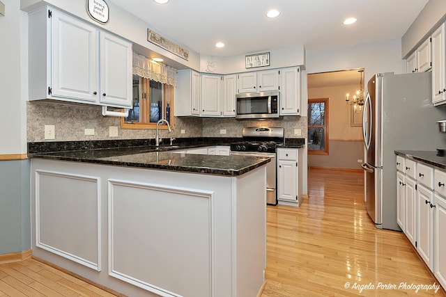 kitchen featuring appliances with stainless steel finishes, kitchen peninsula, white cabinets, light hardwood / wood-style floors, and backsplash