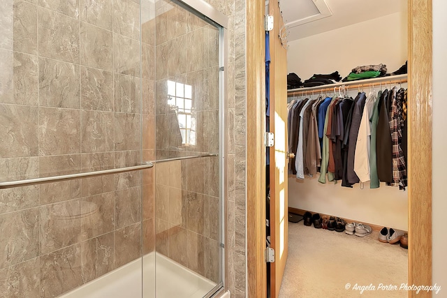 bathroom with a shower with door