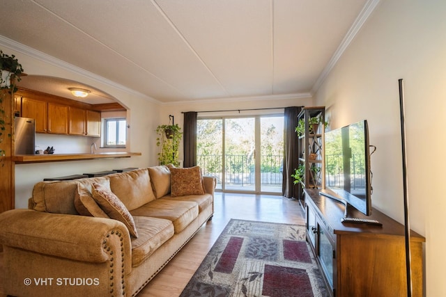 living room with light wood-type flooring and crown molding