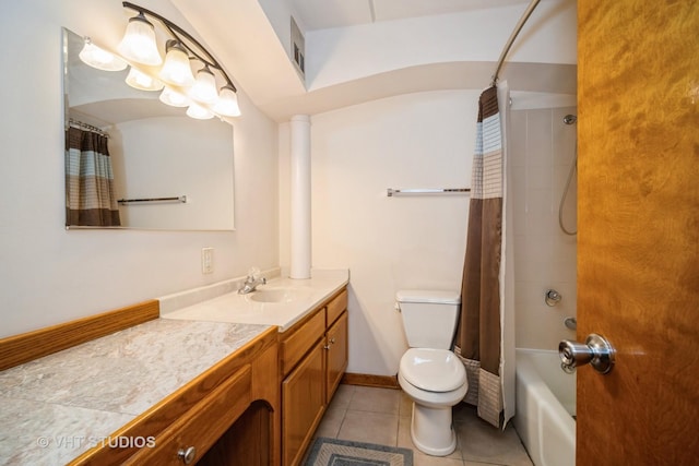 full bathroom with shower / bath combo, tile patterned flooring, vanity, and toilet