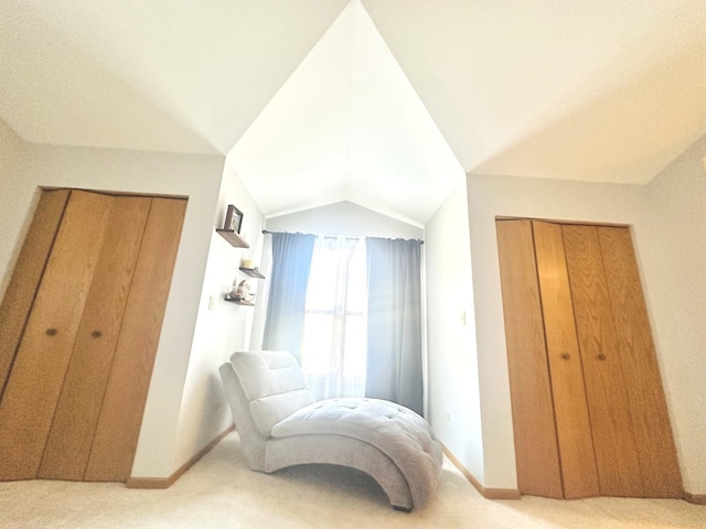 living area with lofted ceiling and carpet flooring