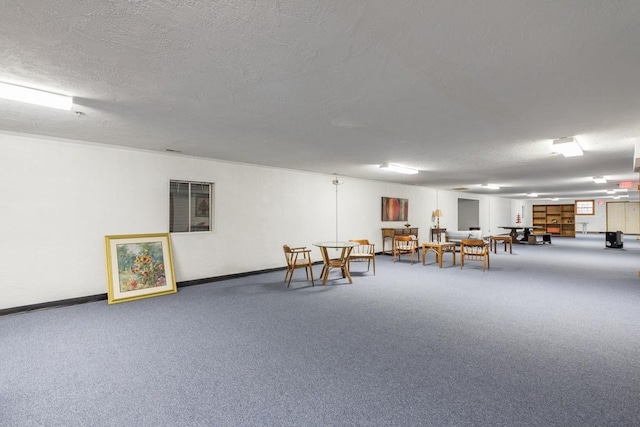 interior space with a textured ceiling and carpet flooring