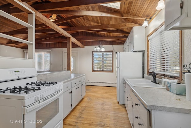 kitchen featuring a baseboard heating unit, sink, white cabinets, and white appliances