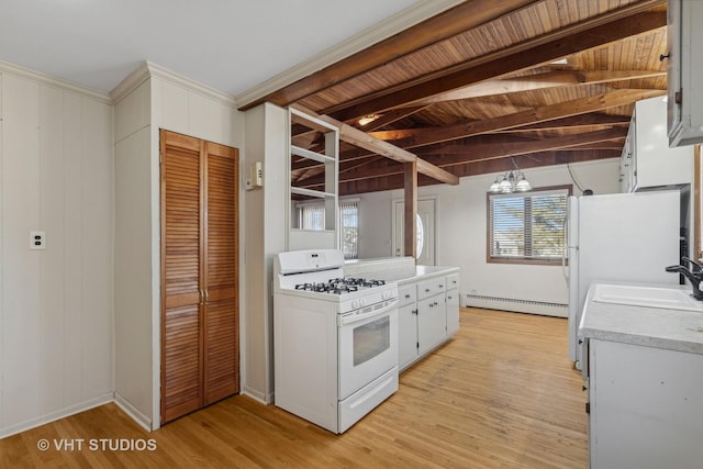 kitchen with sink, white cabinetry, light wood-type flooring, baseboard heating, and white appliances