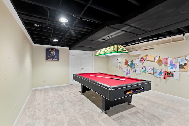 game room with baseboards, billiards, and carpet flooring