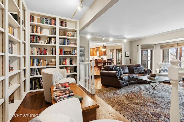 living room with rail lighting and hardwood / wood-style floors