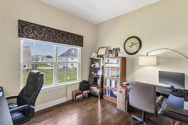 home office featuring dark wood-type flooring