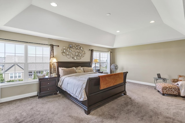 carpeted bedroom with multiple windows and a tray ceiling