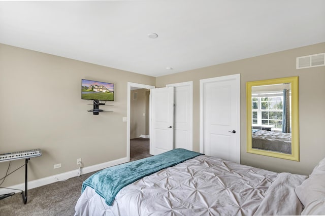 carpeted bedroom with multiple closets