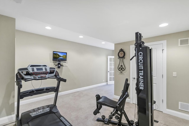 exercise area with light colored carpet