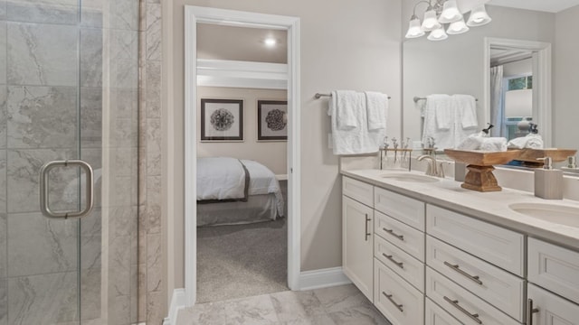 bathroom with an enclosed shower and vanity