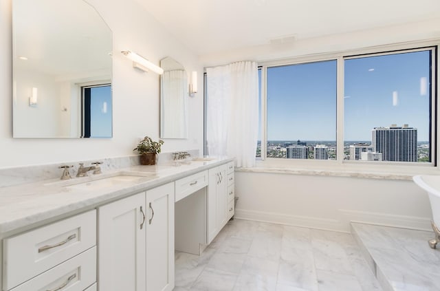 bathroom with vanity and a washtub