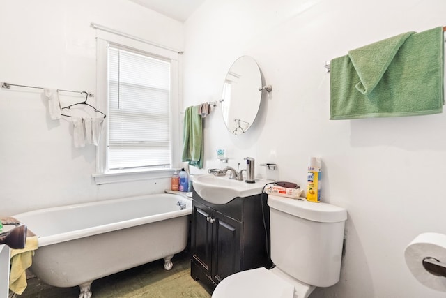 bathroom with toilet, vanity, and a washtub