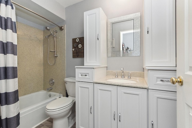 full bathroom with shower / bath combination with curtain, vanity, and toilet