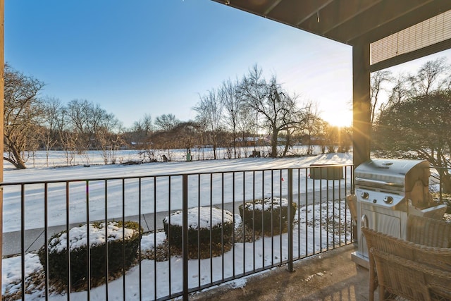 snow covered back of property with a grill