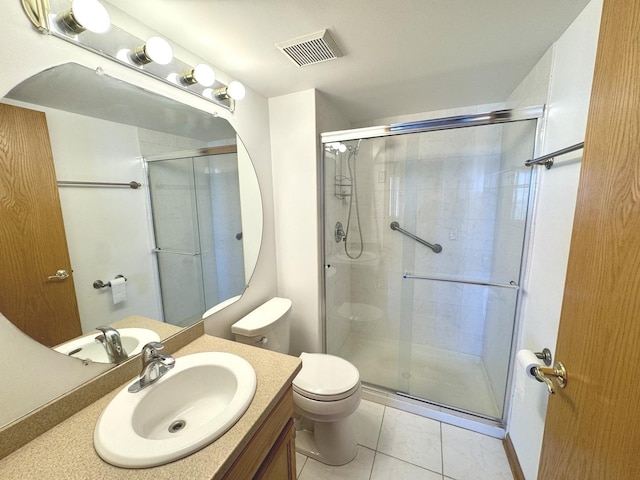 bathroom with toilet, a shower with door, and tile patterned flooring