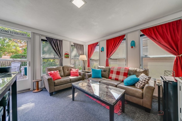 carpeted living room with a textured ceiling and a wealth of natural light