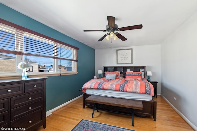 bedroom featuring ceiling fan and light hardwood / wood-style flooring