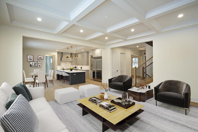 living room featuring stairs, coffered ceiling, beam ceiling, and recessed lighting