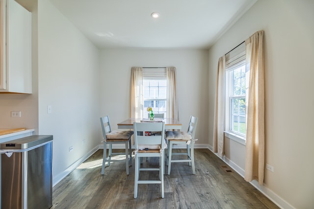 dining area with dark wood-type flooring and plenty of natural light