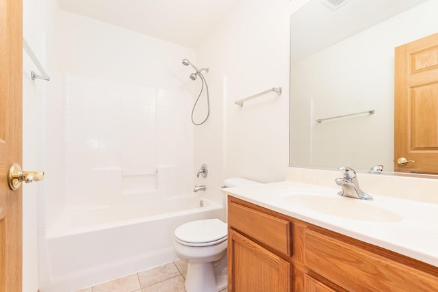 full bathroom with shower / bathtub combination, tile patterned flooring, vanity, and toilet