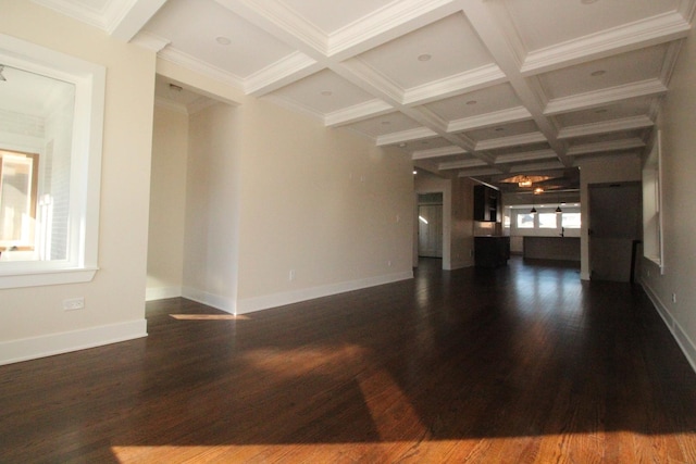 unfurnished room with dark hardwood / wood-style flooring, beamed ceiling, crown molding, and coffered ceiling