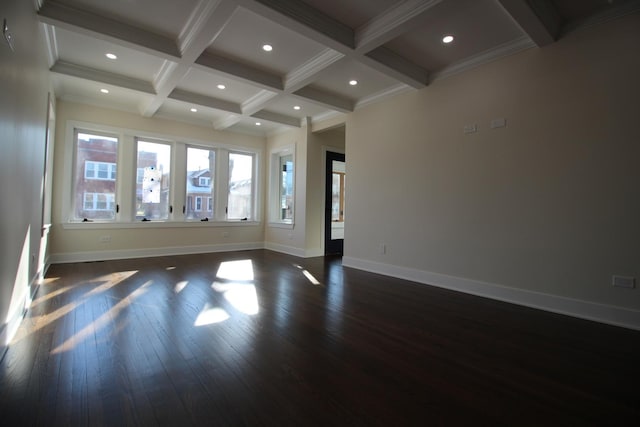 unfurnished room featuring beam ceiling, dark wood-type flooring, crown molding, and coffered ceiling