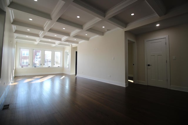 unfurnished room featuring dark hardwood / wood-style floors, beam ceiling, and coffered ceiling