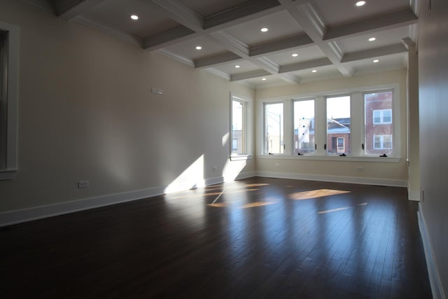 spare room featuring a wealth of natural light, dark hardwood / wood-style floors, beamed ceiling, and coffered ceiling