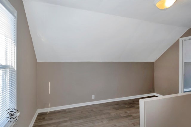 additional living space featuring lofted ceiling, a healthy amount of sunlight, and dark hardwood / wood-style flooring