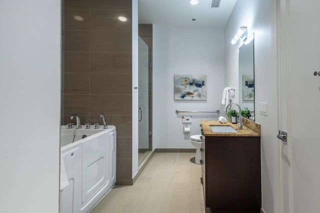 bathroom with toilet, tile patterned floors, an enclosed shower, and vanity