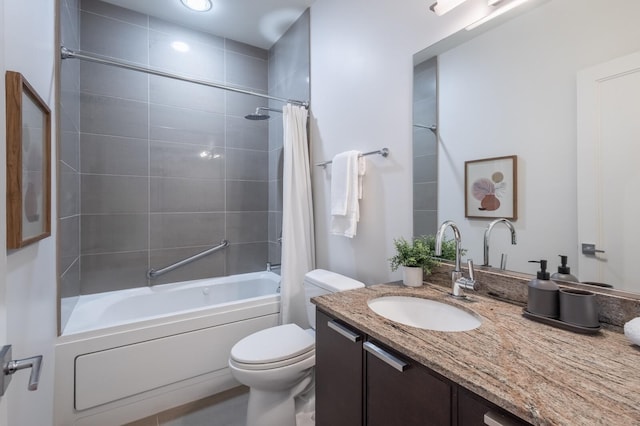 full bathroom with toilet, vanity, and shower / tub combo with curtain