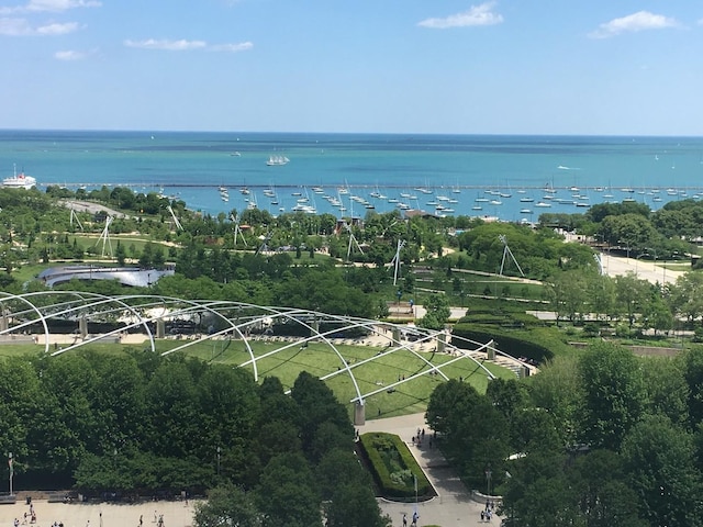 birds eye view of property with a water view