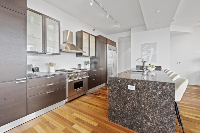 kitchen with light hardwood / wood-style floors, decorative backsplash, sink, wall chimney exhaust hood, and high quality appliances