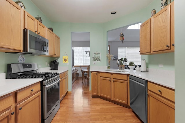 kitchen with sink, appliances with stainless steel finishes, and light hardwood / wood-style flooring