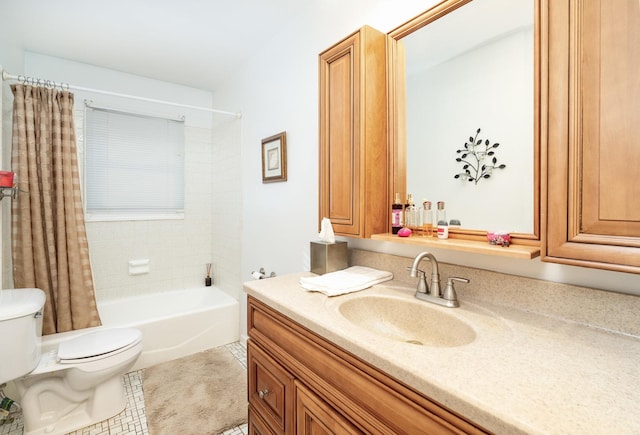 full bathroom with toilet, shower / tub combo, vanity, and tile patterned flooring