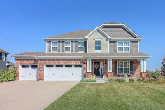 view of front of property featuring a porch, a front lawn, and a garage