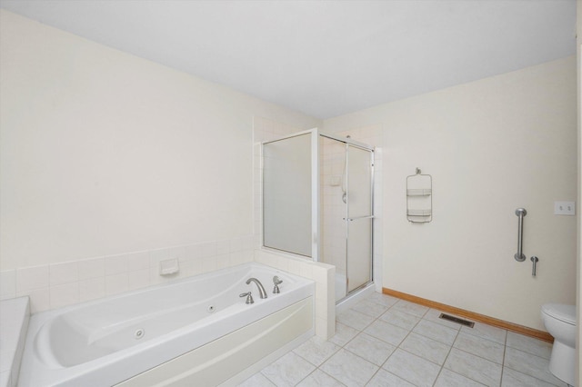 bathroom featuring toilet, independent shower and bath, and tile patterned flooring