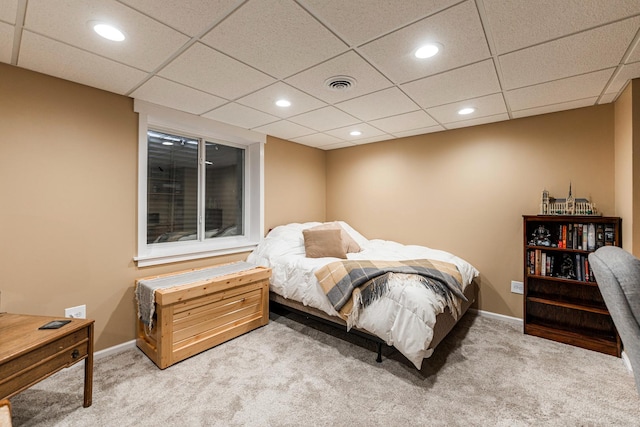 bedroom with light carpet